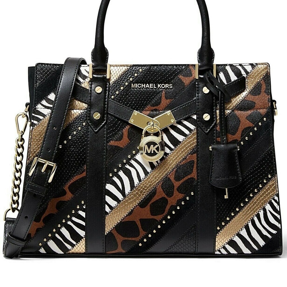NWT Michael Kors Nouveau Hamilton Large Leather Satchel Black Multi/Gold Org Pk